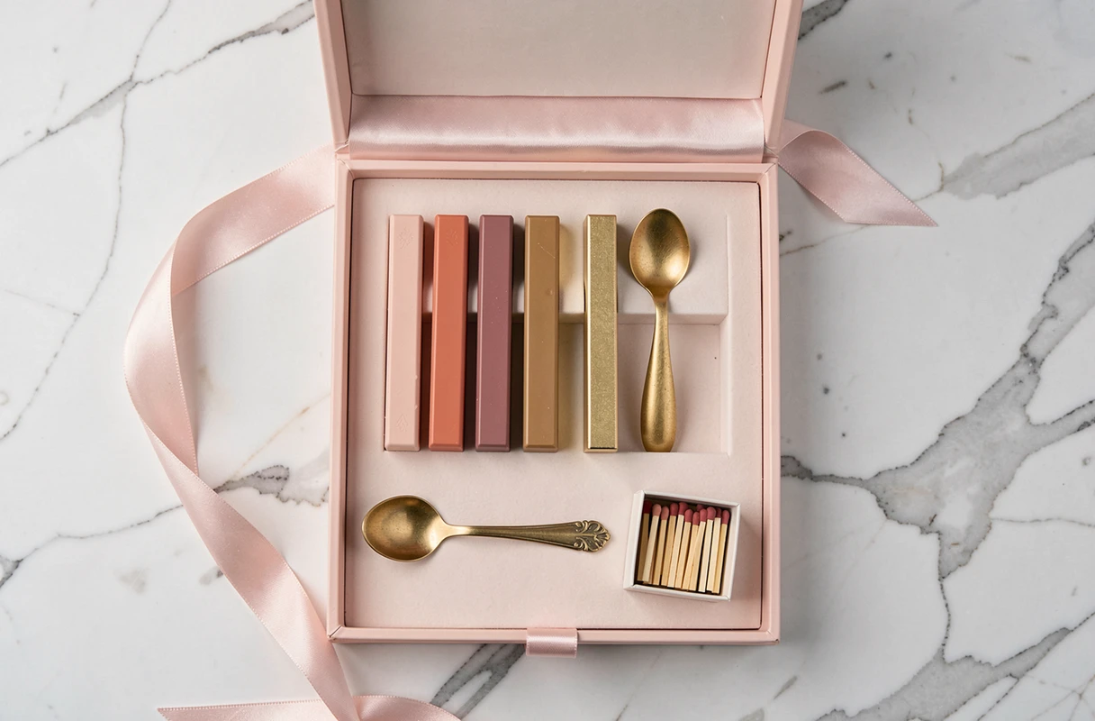 Kit de cire à cacheter avec plusieurs couleurs assorties à un thème de mariage rose et or, présenté dans une boîte cadeau