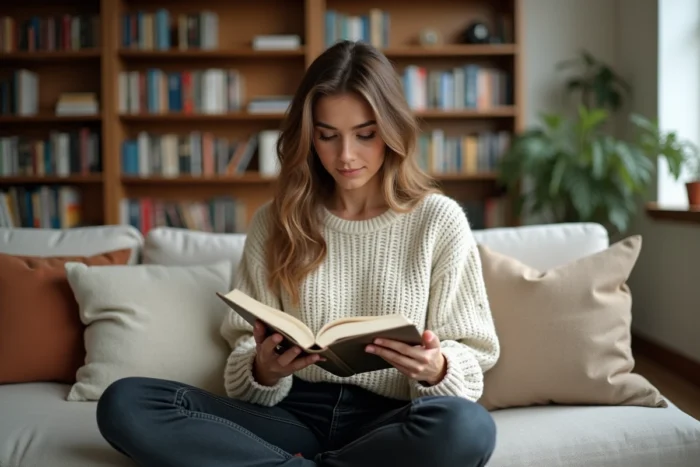 Femme inspirante lisant dans une bibliothèque personnelle chaleureuse, évoquant les inspirations intellectuelles et culturelles de Laurène Godey