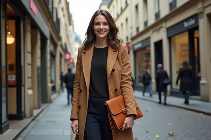 Femme déterminée et moderne marchant dans une rue parisienne en automne, illustrant le parcours professionnel et les engagements de Laurène Godey