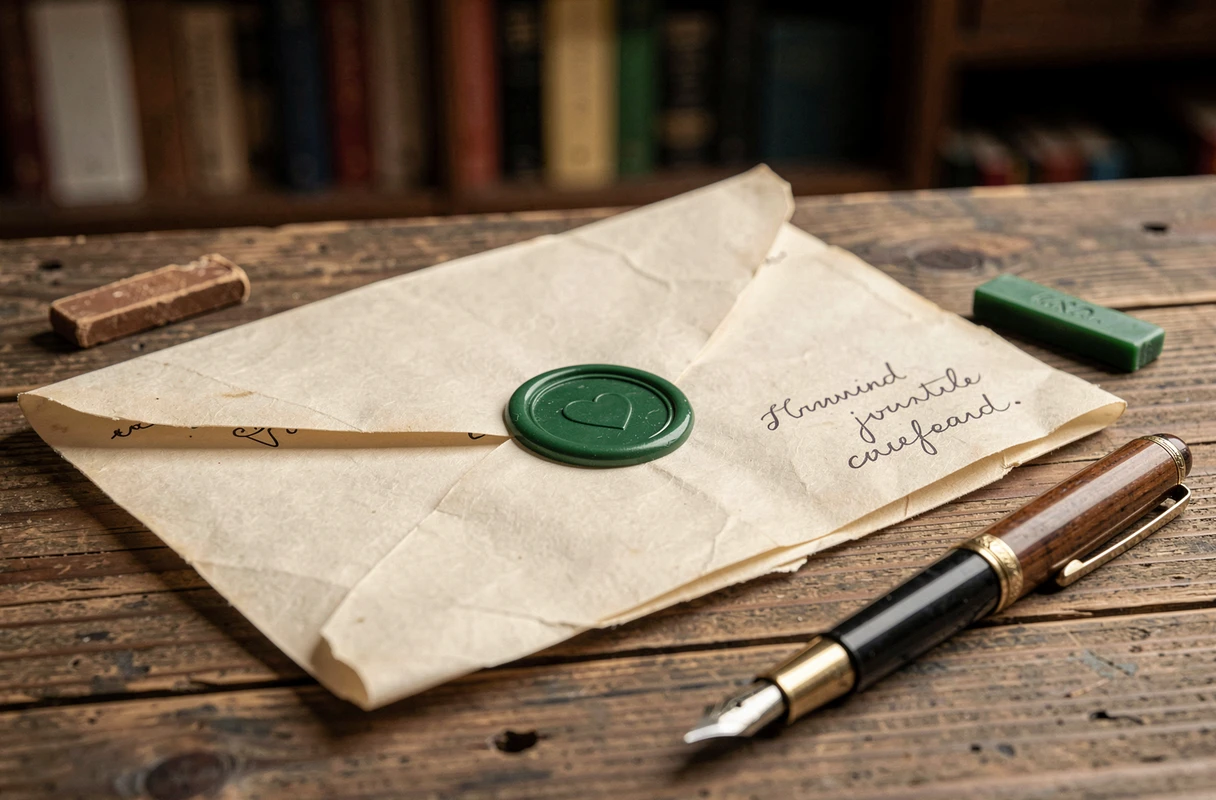 Lettre manuscrite pliée et cachetée à la cire verte avec un motif en cœur, posée sur un bureau en bois