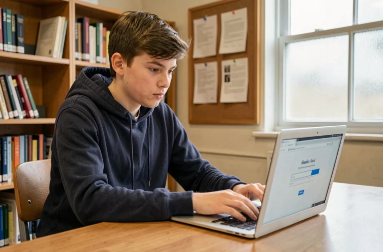 Lycéen accédant à son webmail académique sur un ordinateur portable dans une bibliothèque scolaire