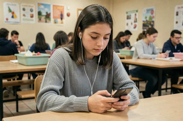 Lycéenne consultant son webmail académique sur smartphone dans la cafétéria du lycée
