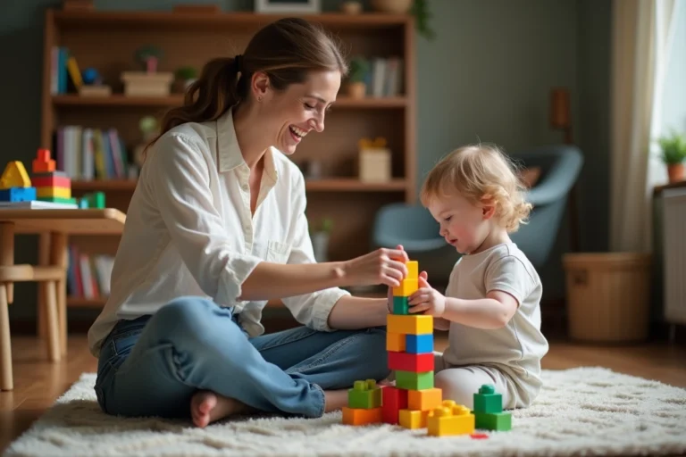 Maman épanouie jouant par terre avec son enfant en bas âge dans un salon familial chaleureux