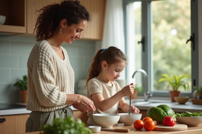 Mère et fille cuisinant ensemble dans une cuisine familiale moderne, moment de complicité parentale