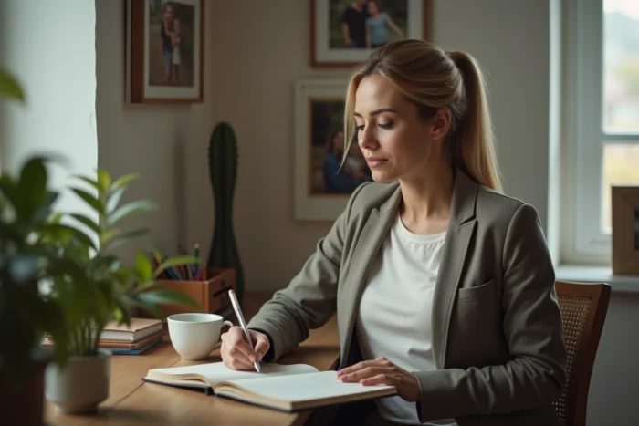 Maman prenant un moment pour elle, écrivant dans un journal dans un coin bureau à la maison, parentalité épanouie