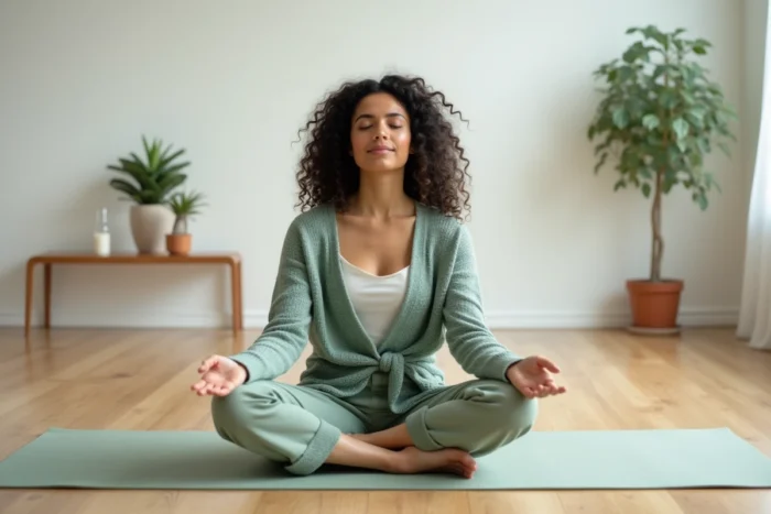 Jeune maman en méditation sur un tapis de yoga dans un studio zen et minimaliste, exprimant la sérénité et le bien-être maternel