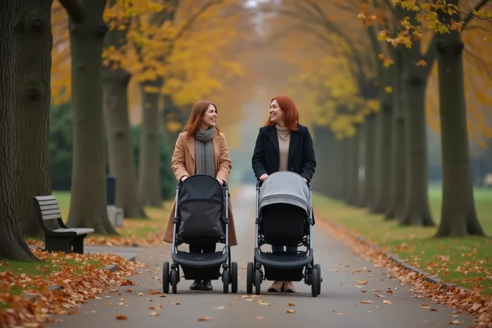 Deux mamans se promenant dans un parc en automne avec leurs poussettes, partageant un moment de soutien et d'amitié au sein d'une communauté parentale
