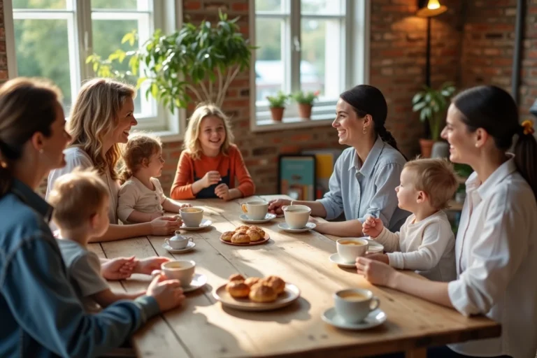 Groupe de mamans réunies autour d'une table en bois dans un espace communautaire chaleureux, partageant du thé et des pâtisseries avec leurs enfants