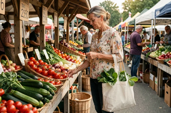 Femme faisant ses courses au marché fermier et choisissant des légumes frais de saison dans un filet réutilisable pour manger sainement