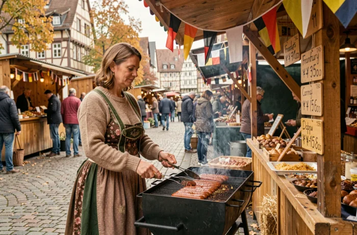 Vendeuse en dirndl faisant griller des saucisses de Francfort sur un marché de rue allemand avec architecture à colombages en arrière-plan