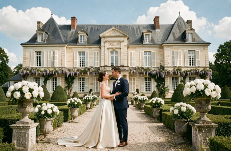Mariés devant un château d'exception en Île-de-France entouré de jardins à la française