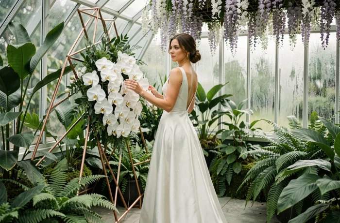 Mariée en robe de satin devant une arche florale en cuivre ornée d'orchidées blanches dans une serre botanique luxuriante