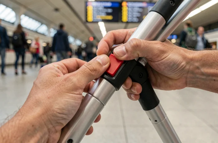 Gros plan sur les mains actionnant le mécanisme de pliage d'une poussette canne dans une gare, détail du loquet de sécurité