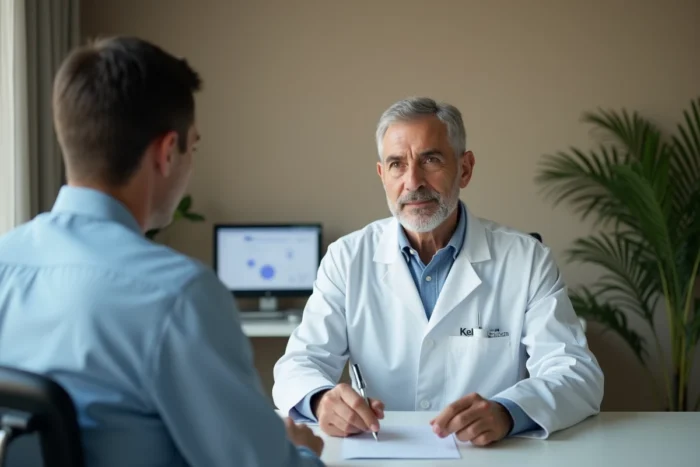 Médecin expérimenté en consultation avec un patient dans un cabinet médical moderne, illustrant la pratique professionnelle après un long parcours d'études