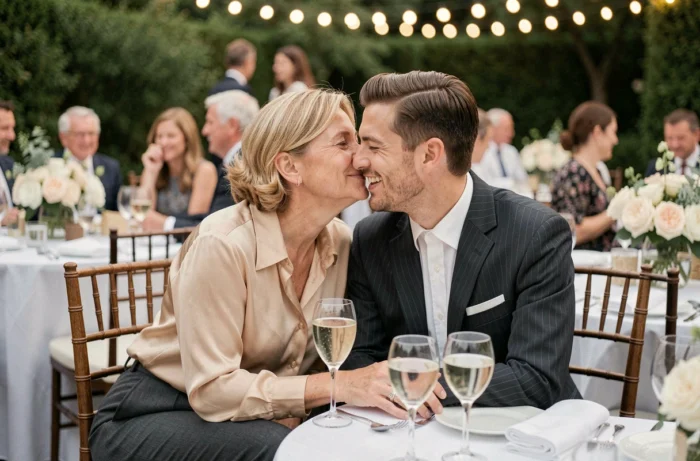 Mère et marié partageant un moment intime et complice à la table de réception lors de leur mariage