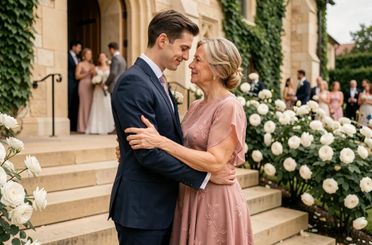 Mère du marié serrant son fils dans les bras lors de la cérémonie de mariage devant une église en pierre