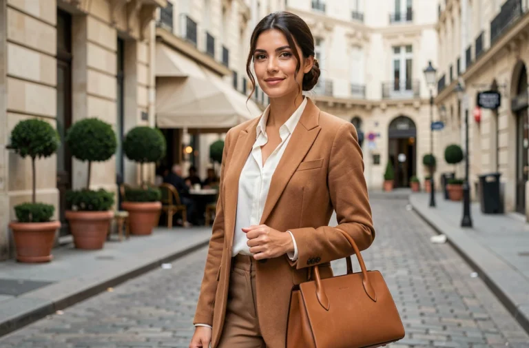 Femme élégante de 35 ans en blazer camel et sac en cuir structuré dans une rue parisienne