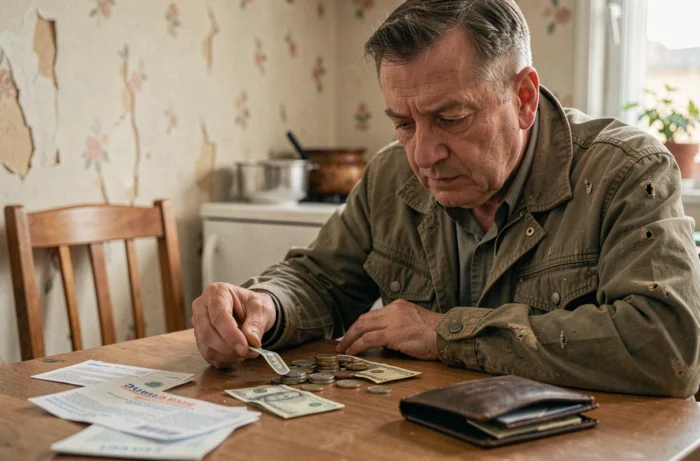 Un homme comptant des pièces de monnaie sur une table de cuisine dans un appartement modeste, illustrant les inégalités de revenu