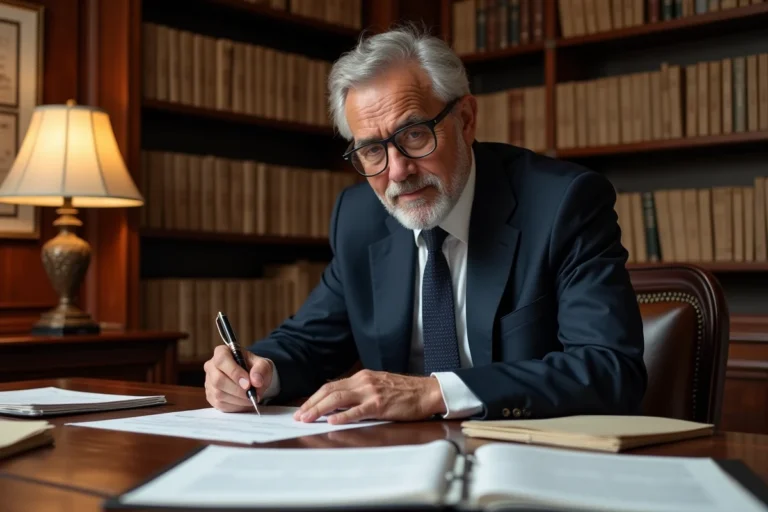 Notaire remplissant le formulaire cerfa 3233-sd pour un état hypothécaire dans un bureau officiel