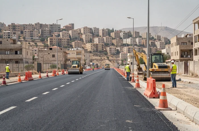 Nouvelle route asphaltée en cours de construction avec engins de travaux publics et ouvriers dans la ville de Constantine