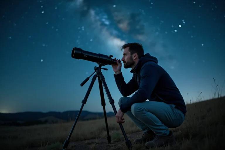 Homme observant le ciel étoilé avec un télescope sur une colline lors d'une nuit claire, idéal pour débuter l'astronomie