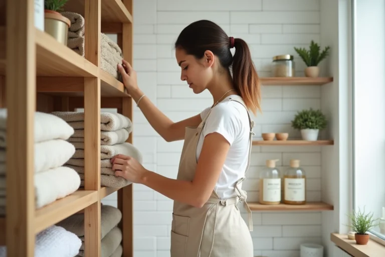 Femme organisant des étagères de salle de bain avec des boîtes de rangement étiquetées et des serviettes pliées pour une maison ordonnée