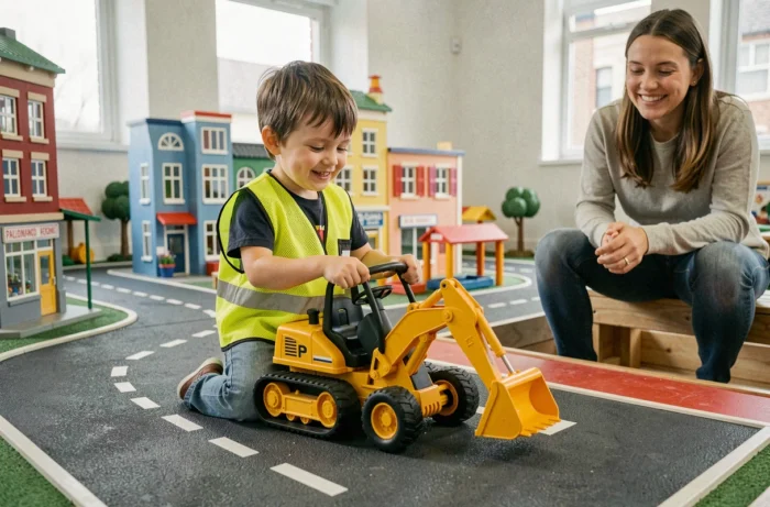 Enfant conduisant un engin de chantier miniature dans la mini-ville immersive de Palomano