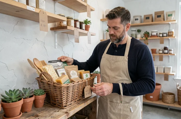 Homme arrangeant un panier cadeau zéro déchet rempli de produits durables dans une boutique éco-responsable minimaliste