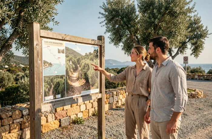 Couple consultant le panneau d'information au parking de départ du sentier vers la plage des Trois Pointes