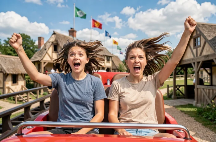 Famille en train de vivre des sensations fortes sur un grand huit au Parc Astérix