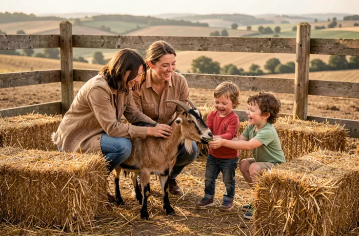 Famille nourrissant des chèvres dans l'espace animalier du Parc de l'Auxois en Côte-d'Or