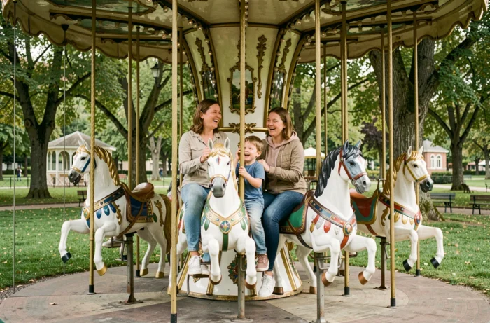 Mère et enfants profitant du manège coloré au Parc des Combes du Creusot