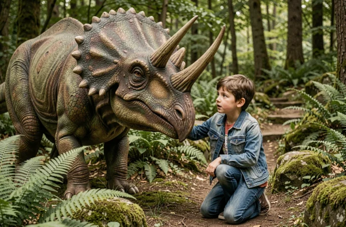 Enfant explorant les dinosaures grandeur nature au Parc Dino-Zoo dans le Doubs