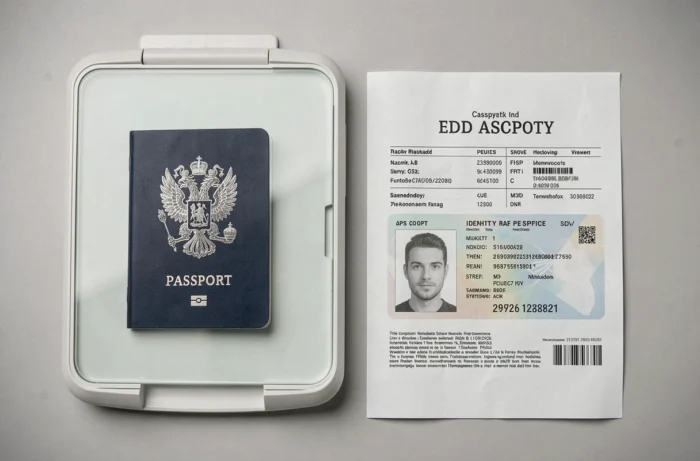 Vue de dessus d'un passeport ouvert posé sur un scanner à côté d'une photocopie imprimée de la page d'identité