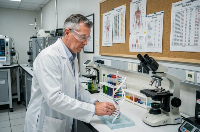 Un scientifique examinant un modèle d'ADN en laboratoire, illustrant le patrimoine génétique et la biologie individuelle en tant que déterminant de santé