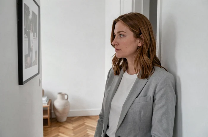 Pauline Sanzey photographiée dans son appartement parisien, regard pensif vers un souvenir encadré au mur