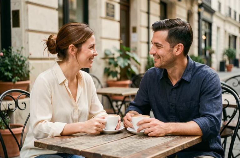 Un couple complice partageant un moment de café en terrasse parisienne, illustrant la vie de couple de Pauline Sanzey et son mari