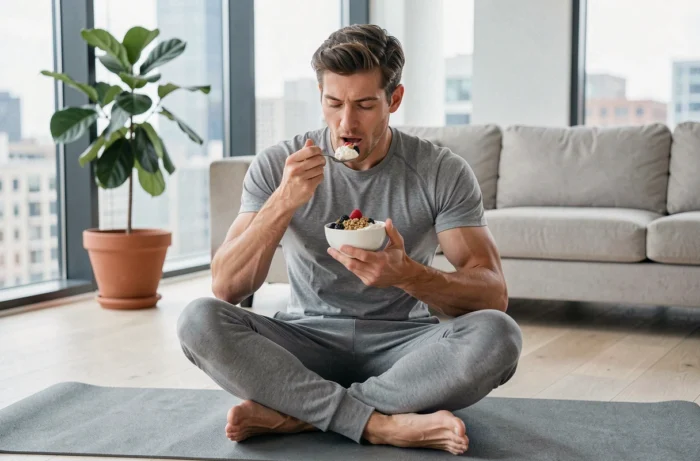 Homme en tenue sportive dégustant un yaourt grec aux fruits rouges assis sur un tapis de yoga dans un appartement moderne