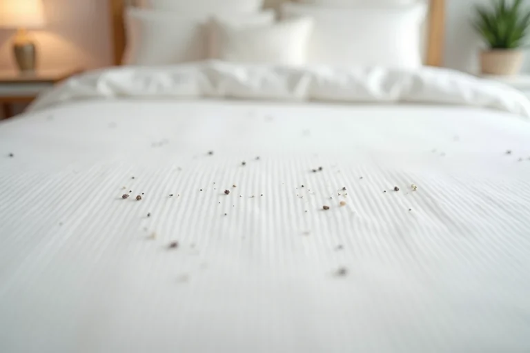 Gros plan sur un matelas blanc avec de petites taches noires visibles sur le tissu