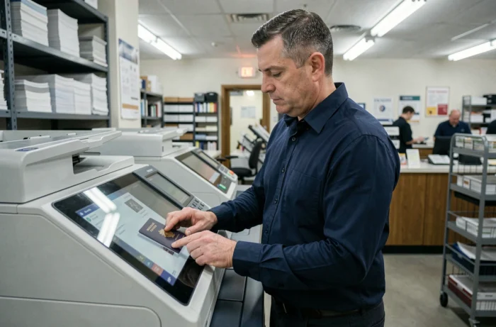 Homme photocopiant son passeport sur une photocopieuse professionnelle dans une boutique de reprographie