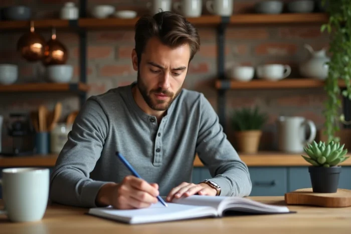 Homme consultant un carnet de planification domestique à une table en bois dans une cuisine rustique bien organisée