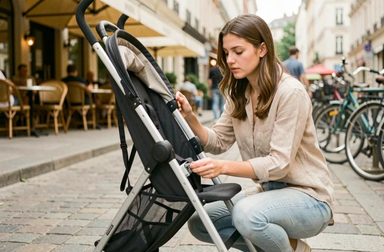 Jeune femme pliant une poussette canne légère sur un trottoir en ville, gestes précis sur le mécanisme de pliage
