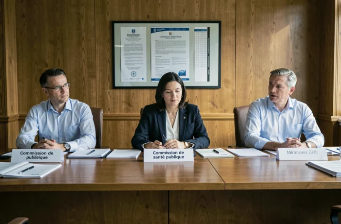 Un panel de professionnels en réunion institutionnelle autour de documents de politique publique, illustrant les politiques économiques et normes sociales