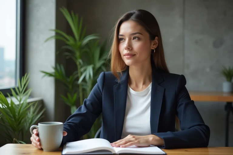 Portrait éditorial de Laurène Godey, femme moderne et engagée, assise à un bureau en bois dans un espace de coworking contemporain