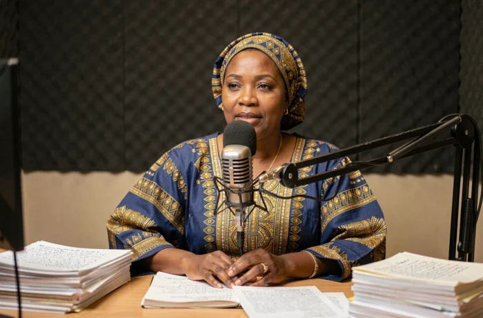 Présentatrice radio burkinabè en studio diffusant les informations nationales depuis Ouagadougou