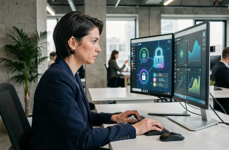 Professionnelle en cybersécurité analysant des données protégées sur un double écran en open space