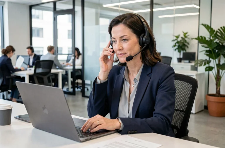 Professionnelle en blazer marine travaillant dans un espace de coworking moderne, illustrant les services aux professionnels de L'Essentiel Pro