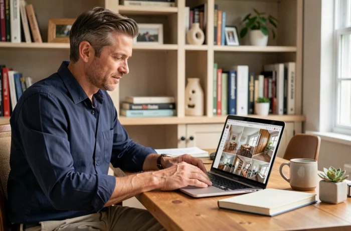 Propriétaire consultant des photos de son logement sur ordinateur pour optimiser son annonce locative