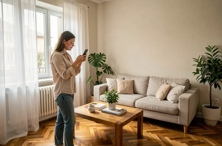 Propriétaire photographiant son salon bien aménagé pour une annonce locative sur Pikadom