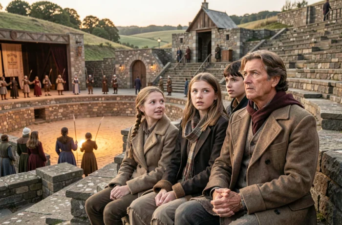 Famille captivée par un spectacle historique en plein air au Puy du Fou